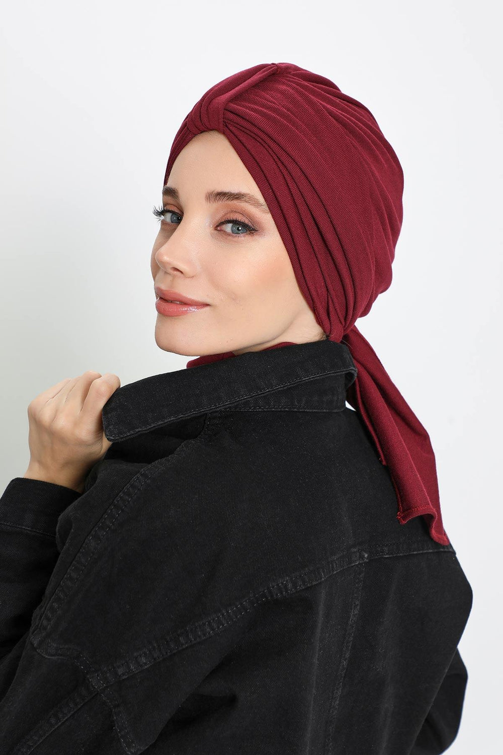 Winter Scarf Turban for Women, Stretch Ribbed Fabric Turban with Scarf, Elegant One-Size Winter Headwear,B-80RB Maroon