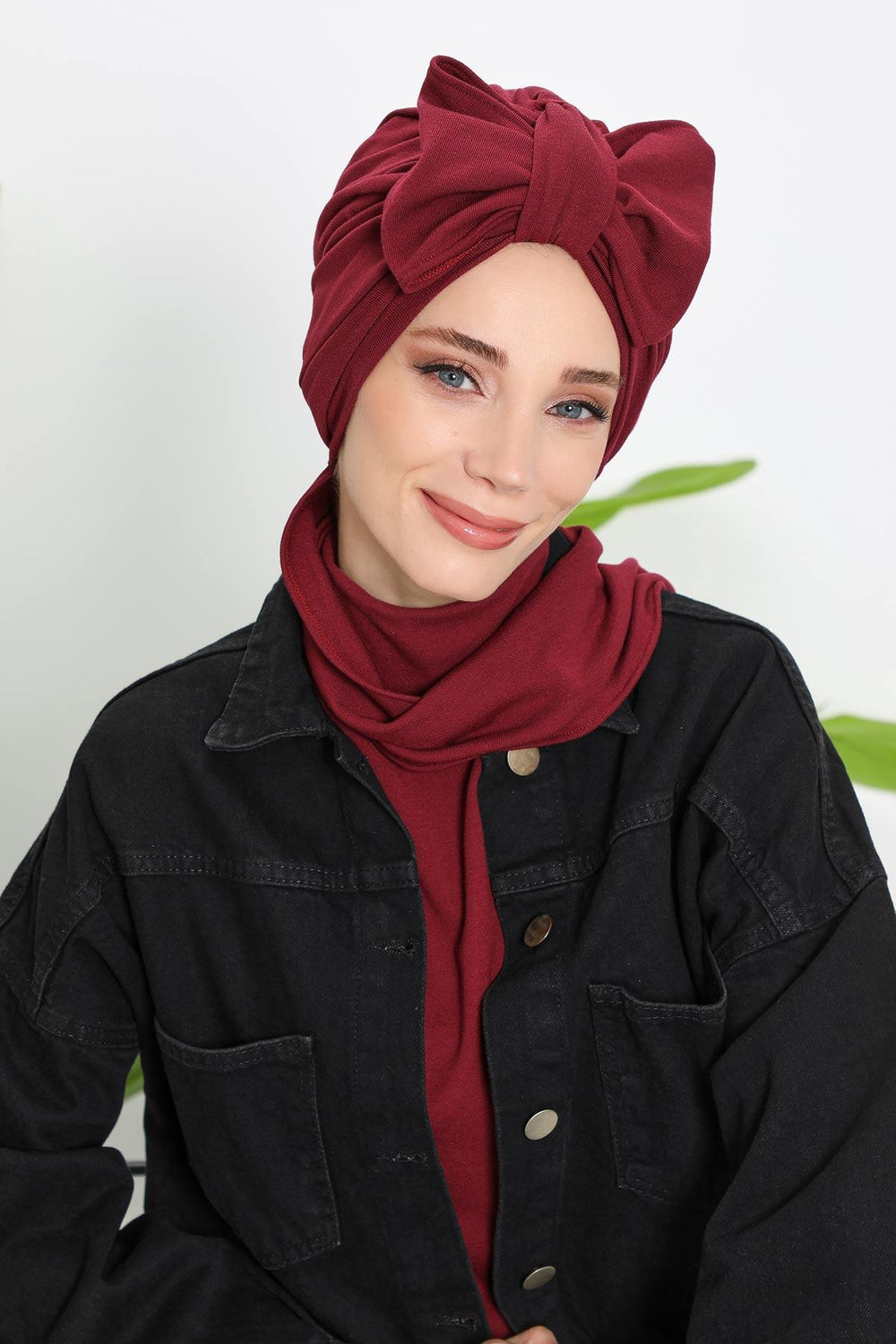 Winter Scarf Turban for Women, Stretch Ribbed Fabric Turban with Scarf, Elegant One-Size Winter Headwear,B-80RB Maroon