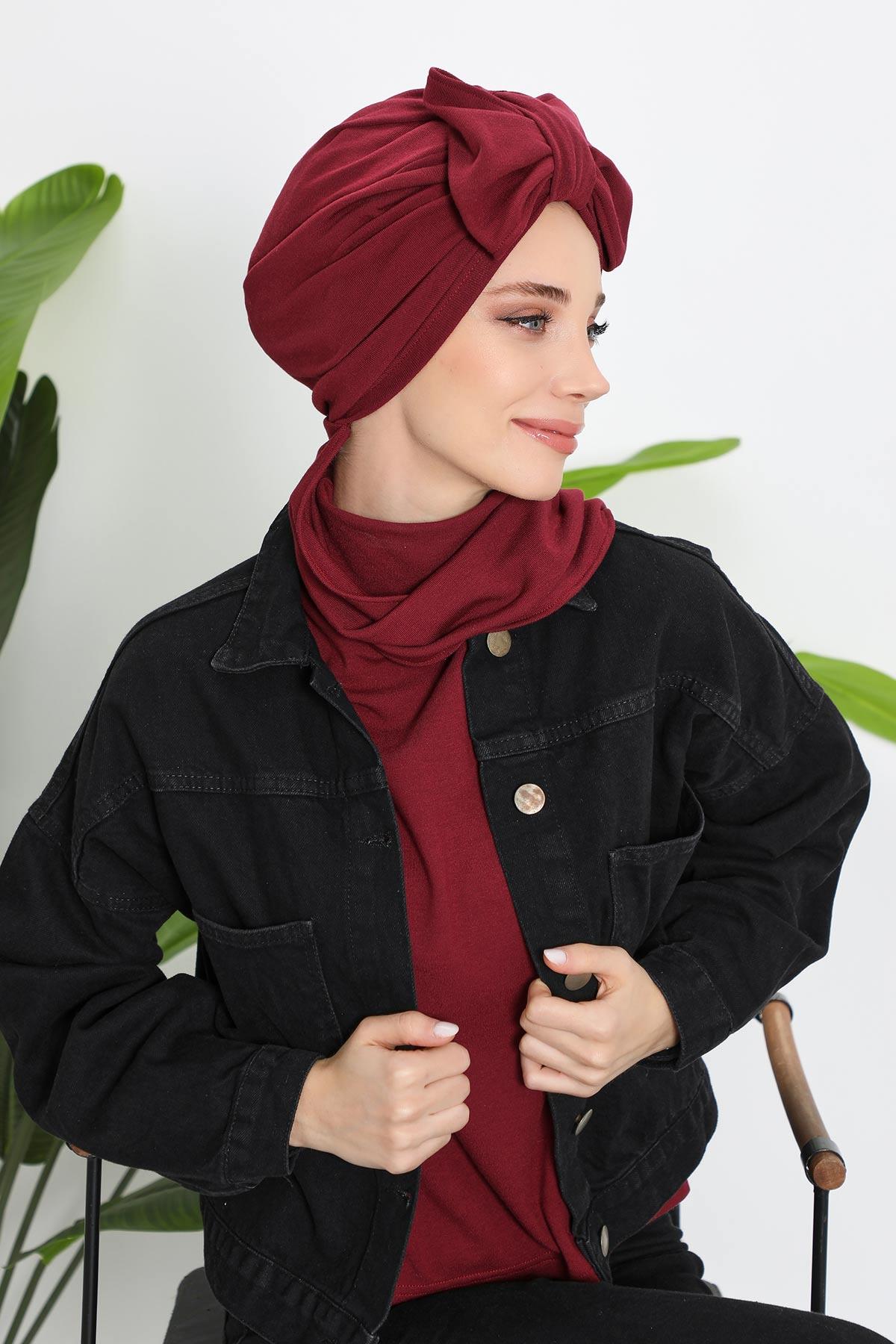 Winter Scarf Turban for Women, Stretch Ribbed Fabric Turban with Scarf, Elegant One-Size Winter Headwear,B-80RB Maroon