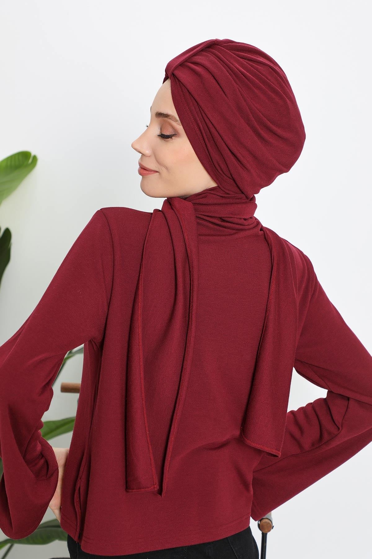Winter Scarf Turban for Women, Stretch Ribbed Fabric Turban with Scarf, Elegant One-Size Winter Headwear,B-80RB Maroon