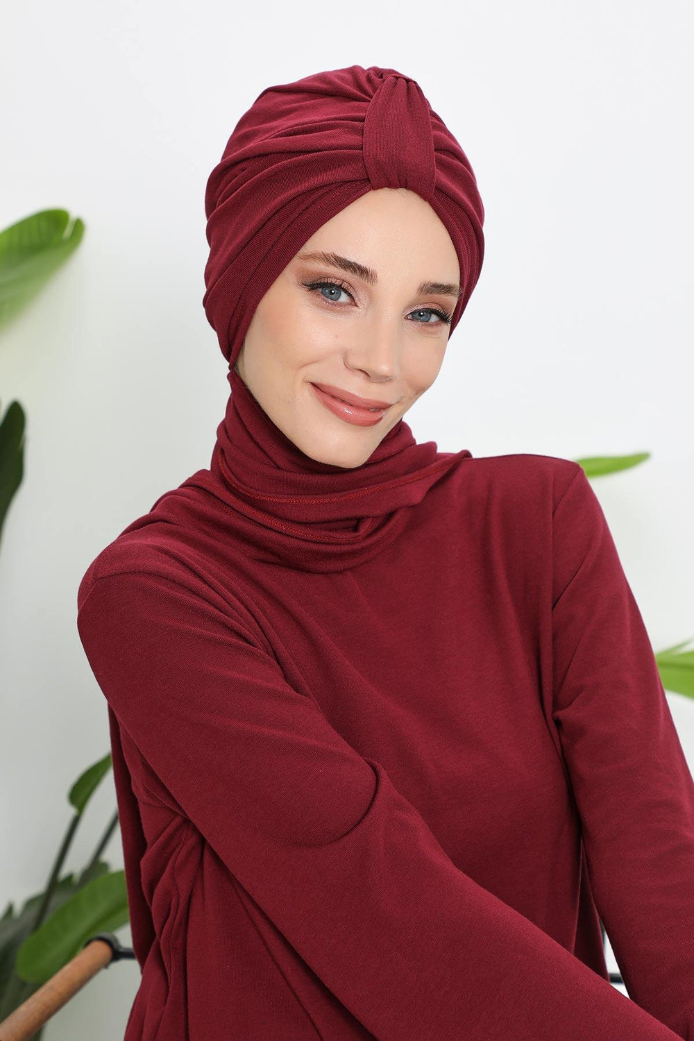 Winter Scarf Turban for Women, Stretch Ribbed Fabric Turban with Scarf, Elegant One-Size Winter Headwear,B-80RB Maroon