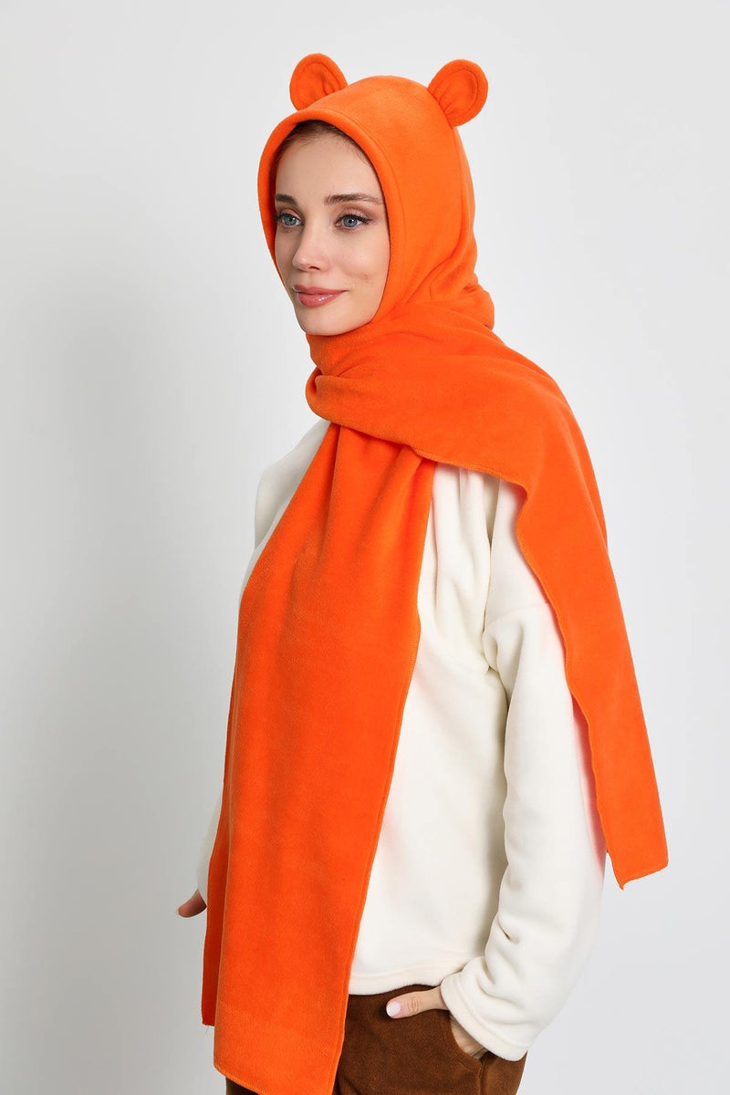 Windproof Fleece Hooded Hat with Ears, Women's Polar Fleece Hood with Scarf, Cozy Fleece Hooded Scarf for Women,B-83PL