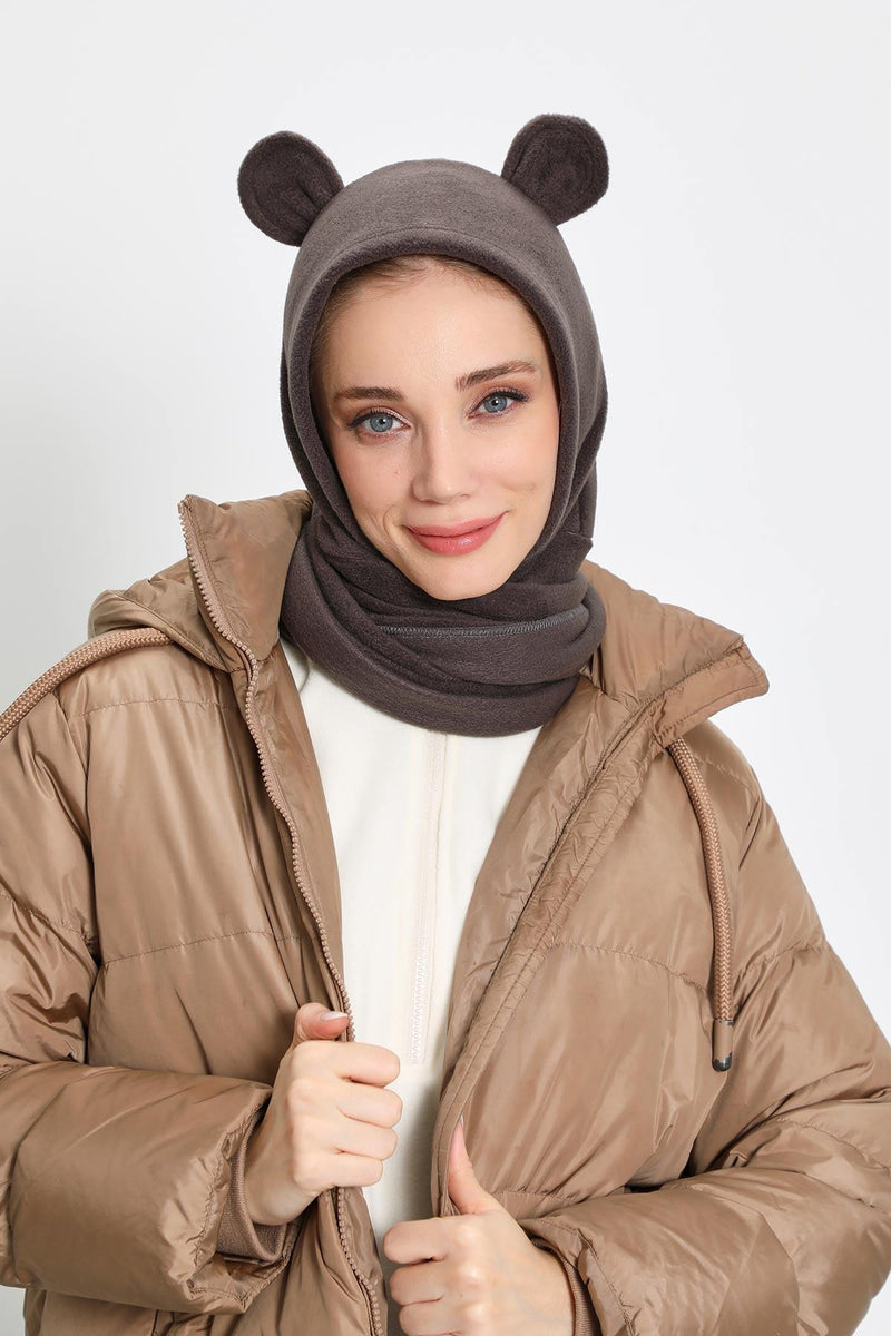 Windproof Fleece Hooded Hat with Ears, Women's Polar Fleece Hood with Scarf, Cozy Fleece Hooded Scarf for Women,B-83PL