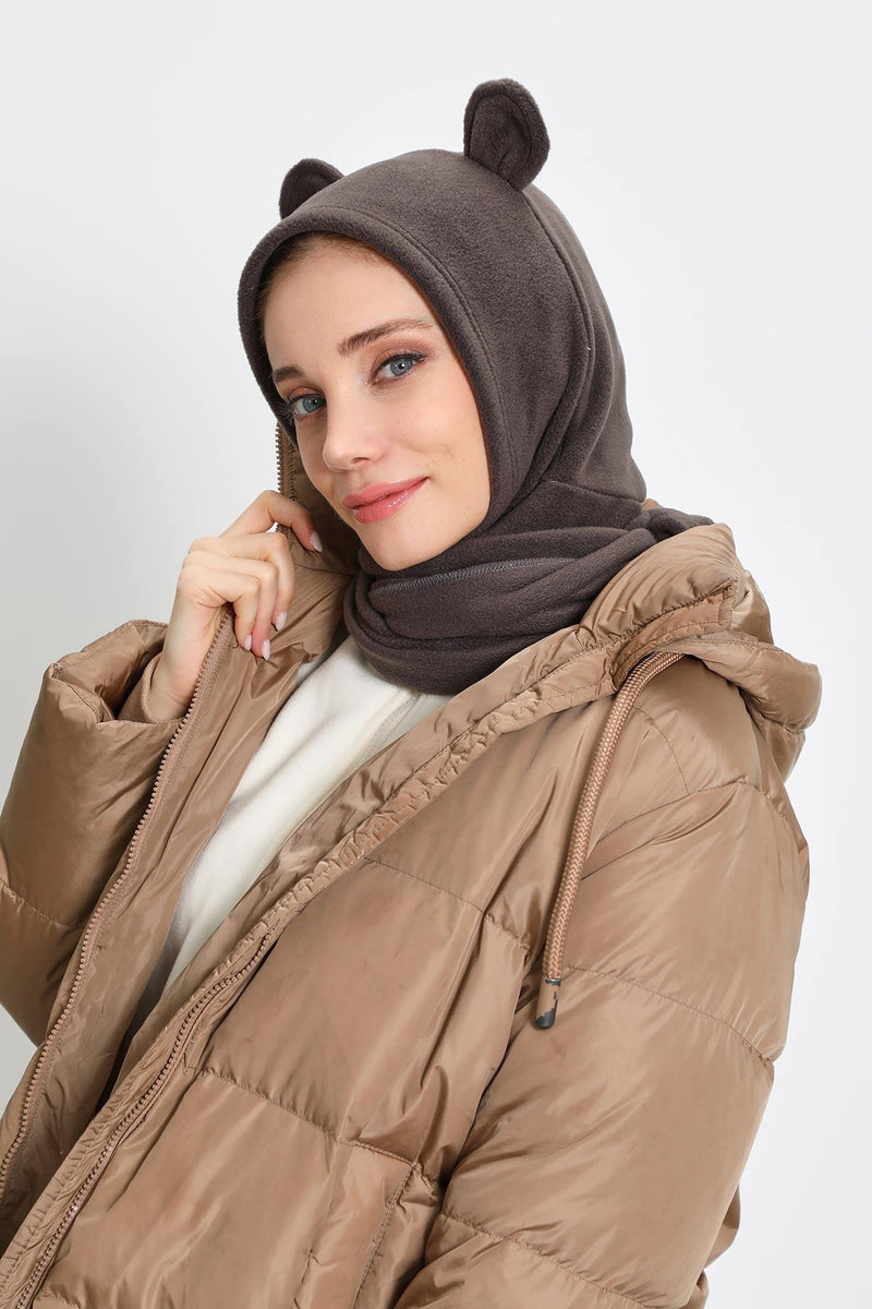 Windproof Fleece Hooded Hat with Ears, Women's Polar Fleece Hood with Scarf, Cozy Fleece Hooded Scarf for Women,B-83PL