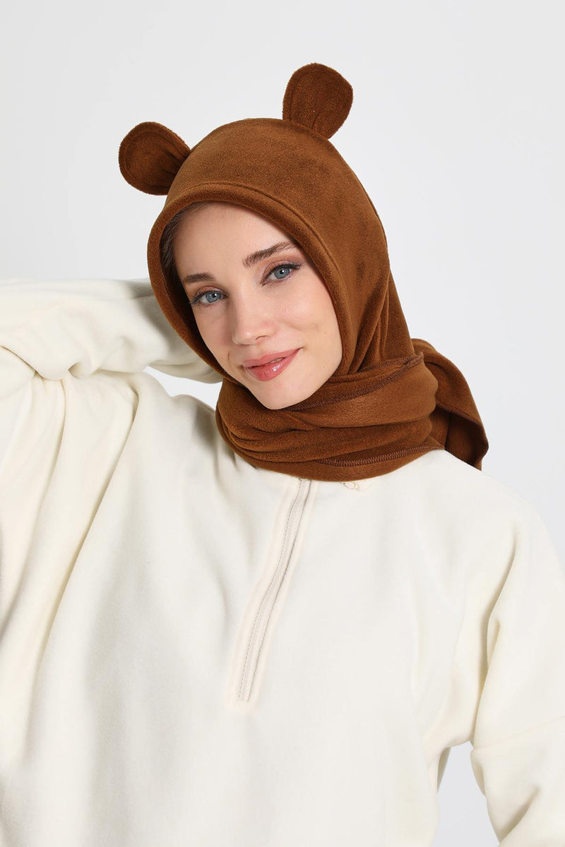 Windproof Fleece Hooded Hat with Ears, Women's Polar Fleece Hood with Scarf, Cozy Fleece Hooded Scarf for Women,B-83PL
