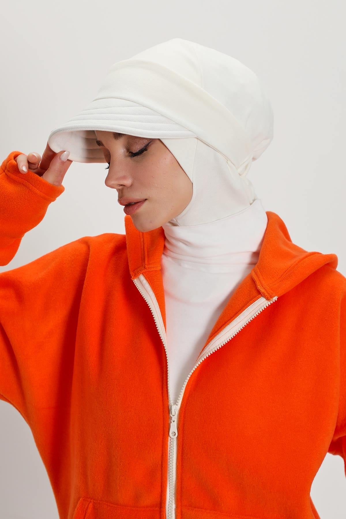 Detachable Visor Winter Turban for Women, Ribbed Polyviscose Stretch Headwrap, Stylish One-Size Cap for Cold Weather,B-82RB White