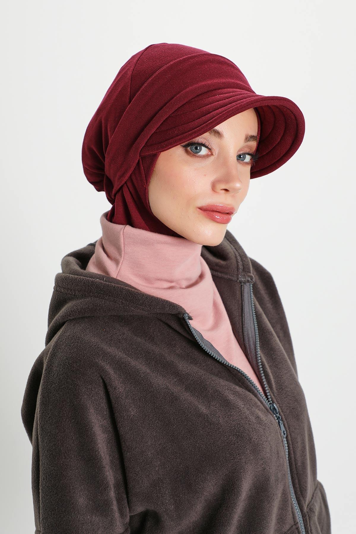 Detachable Visor Winter Turban for Women, Ribbed Polyviscose Stretch Headwrap, Stylish One-Size Cap for Cold Weather,B-82RB Maroon