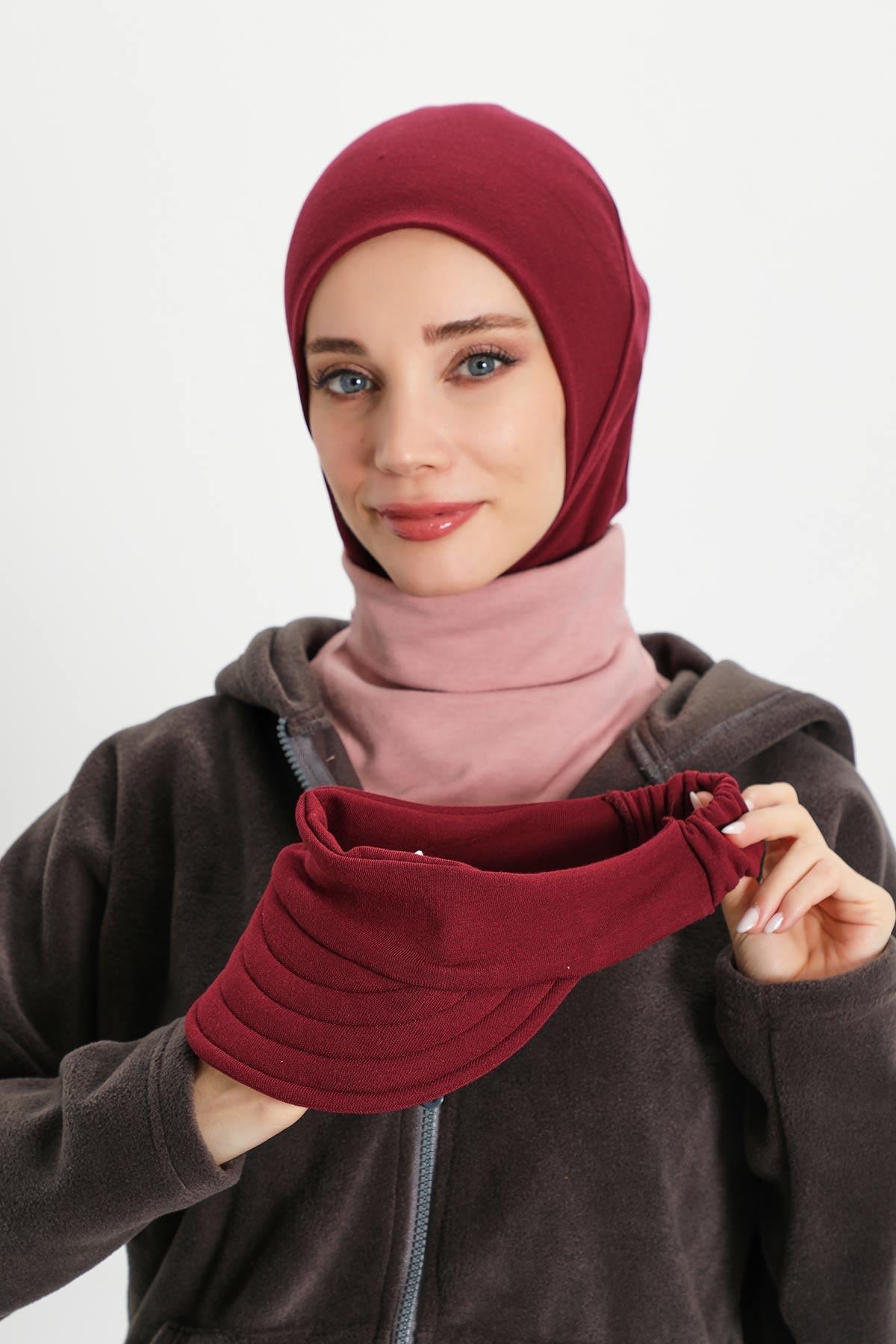 Detachable Visor Winter Turban for Women, Ribbed Polyviscose Stretch Headwrap, Stylish One-Size Cap for Cold Weather,B-82RB Maroon