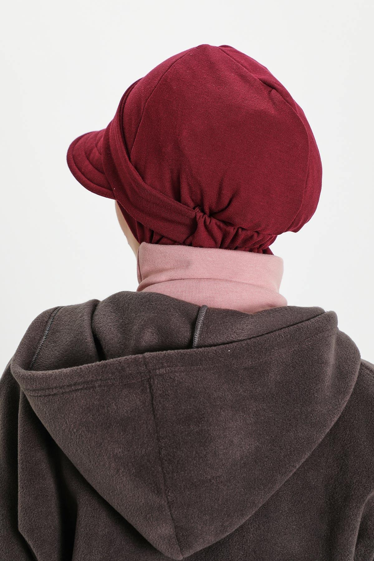 Detachable Visor Winter Turban for Women, Ribbed Polyviscose Stretch Headwrap, Stylish One-Size Cap for Cold Weather,B-82RB Maroon