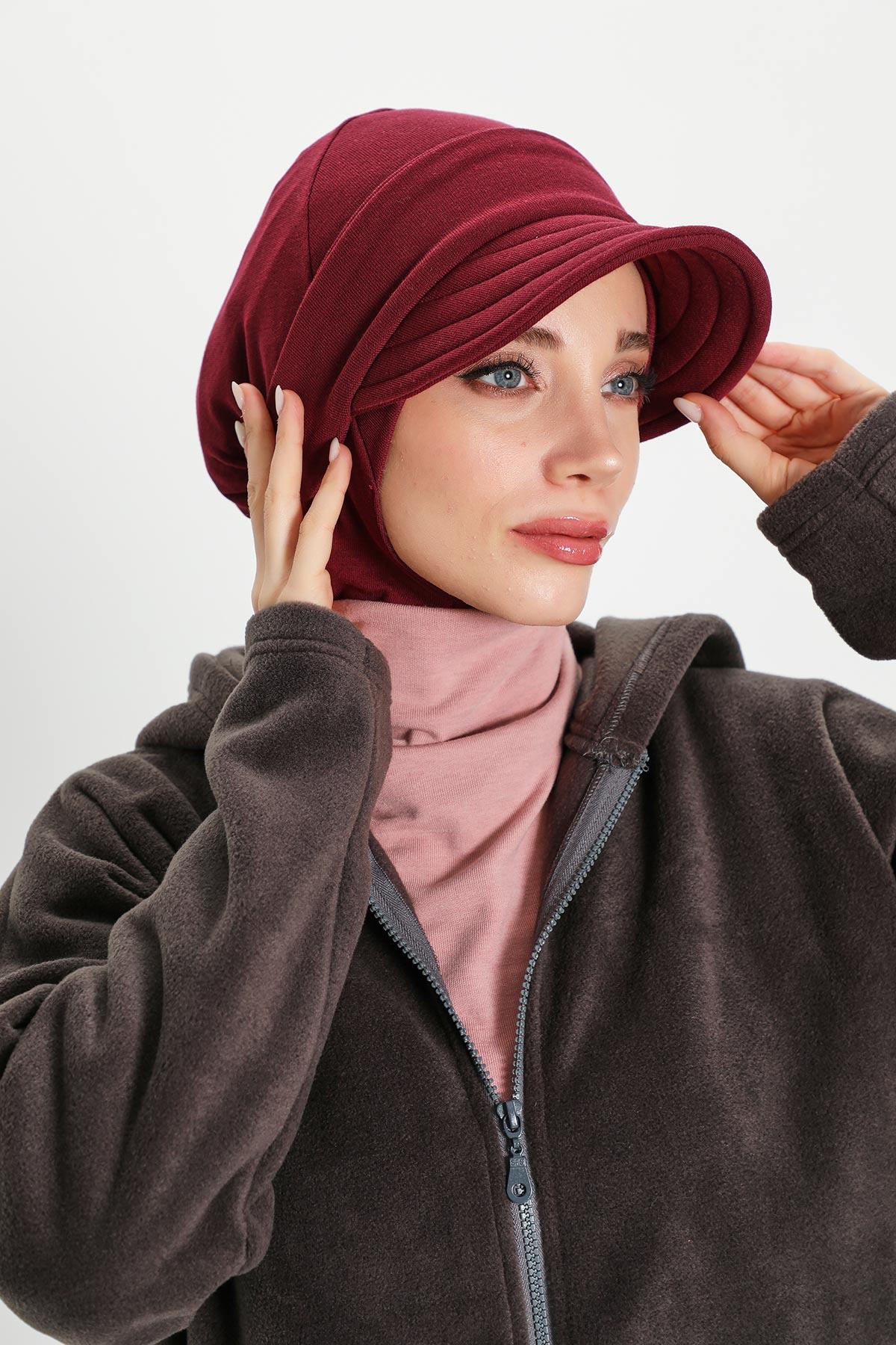 Detachable Visor Winter Turban for Women, Ribbed Polyviscose Stretch Headwrap, Stylish One-Size Cap for Cold Weather,B-82RB Maroon