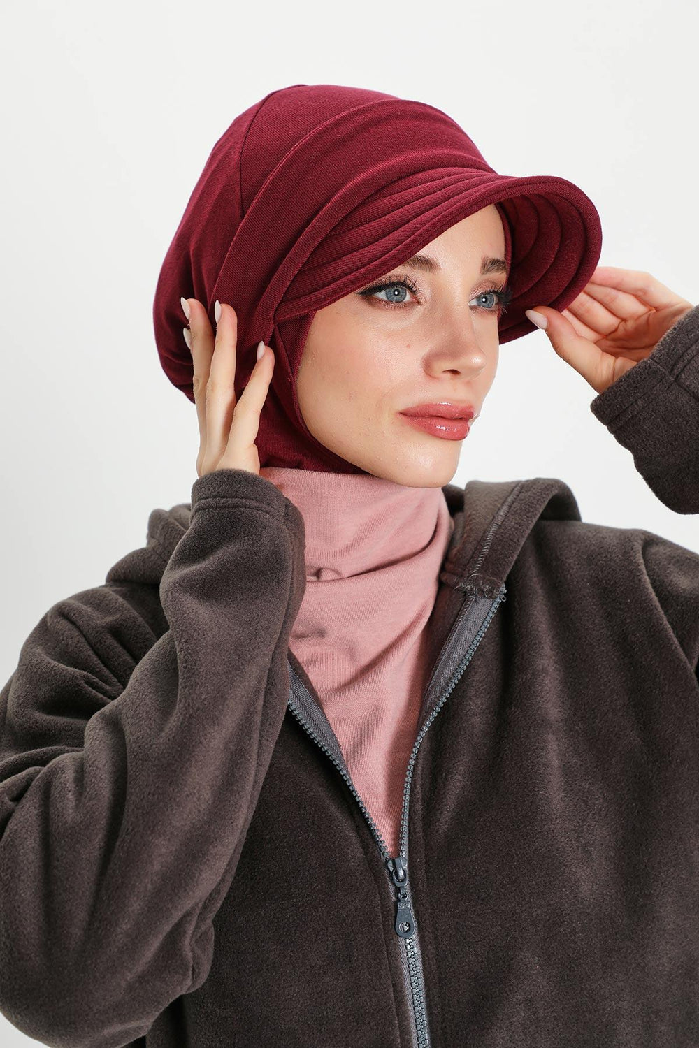 Detachable Visor Winter Turban for Women, Ribbed Polyviscose Stretch Headwrap, Stylish One-Size Cap for Cold Weather,B-82RB Maroon