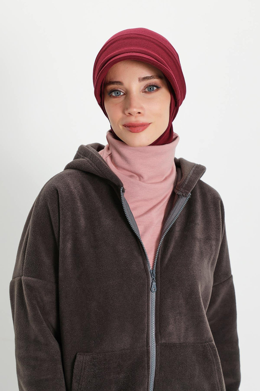 Detachable Visor Winter Turban for Women, Ribbed Polyviscose Stretch Headwrap, Stylish One-Size Cap for Cold Weather,B-82RB Maroon