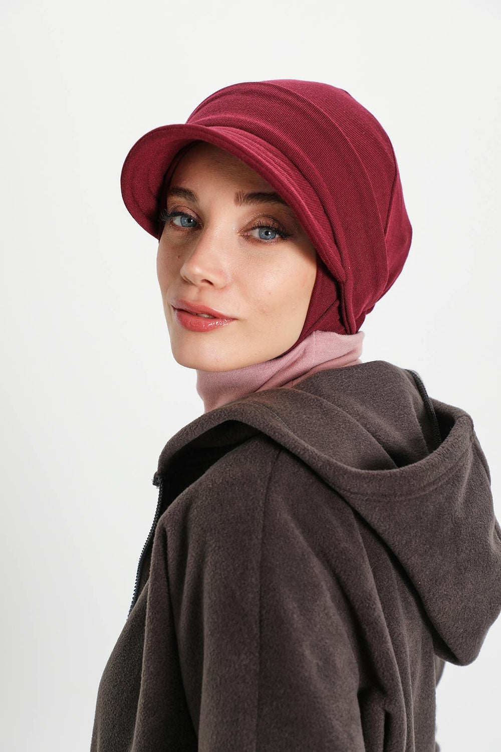 Detachable Visor Winter Turban for Women, Ribbed Polyviscose Stretch Headwrap, Stylish One-Size Cap for Cold Weather,B-82RB Maroon