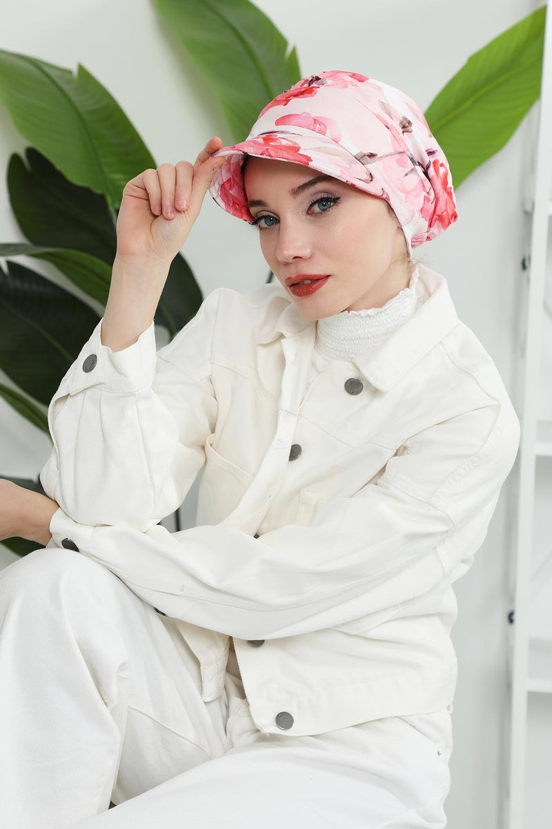 Printed Cotton Visor Women Turban Hat, Sun Protective Newsboy Hat for Women, 95% Cotton Plain Casual Hijab Bonnet Chemo Cap,B-73YD