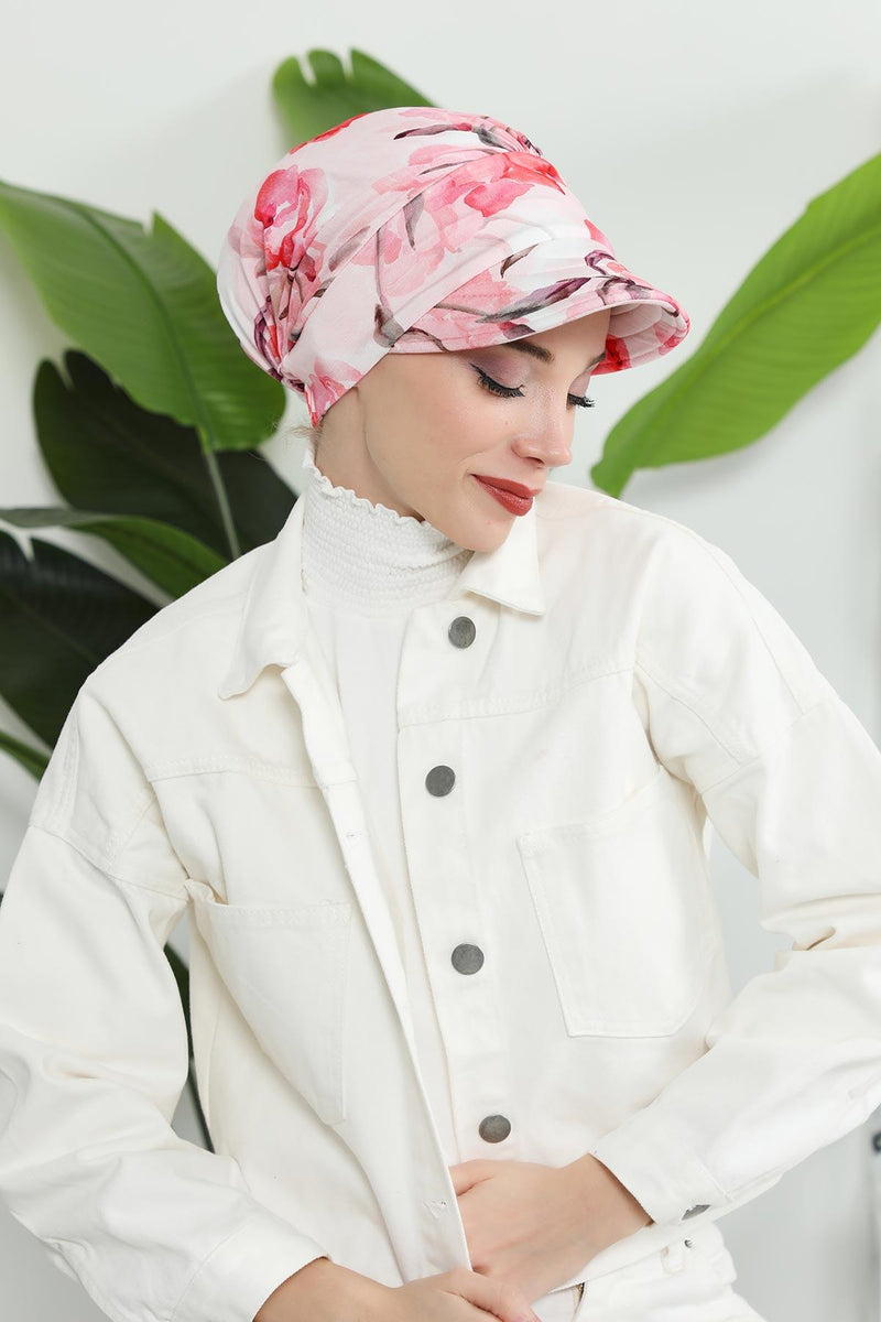 Printed Cotton Visor Women Turban Hat, Sun Protective Newsboy Hat for Women, 95% Cotton Plain Casual Hijab Bonnet Chemo Cap,B-73YD