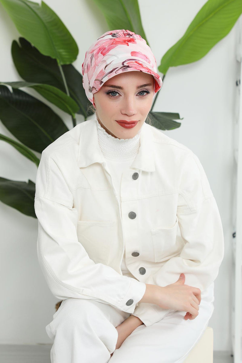 Printed Cotton Visor Women Turban Hat, Sun Protective Newsboy Hat for Women, 95% Cotton Plain Casual Hijab Bonnet Chemo Cap,B-73YD