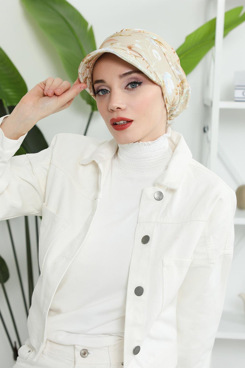 Printed Cotton Visor Women Turban Hat, Sun Protective Newsboy Hat for Women, 95% Cotton Plain Casual Hijab Bonnet Chemo Cap,B-73YD