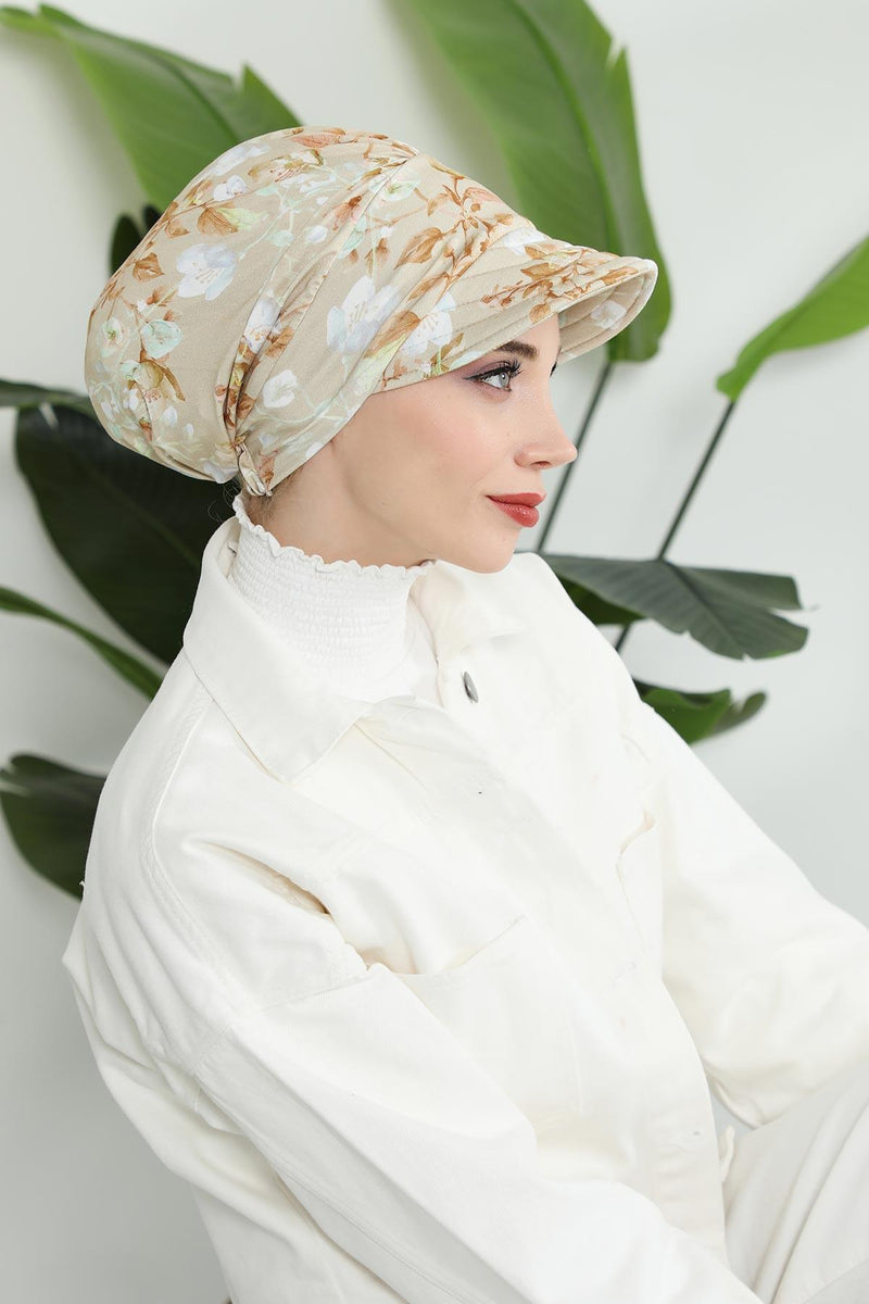 Printed Cotton Visor Women Turban Hat, Sun Protective Newsboy Hat for Women, 95% Cotton Plain Casual Hijab Bonnet Chemo Cap,B-73YD