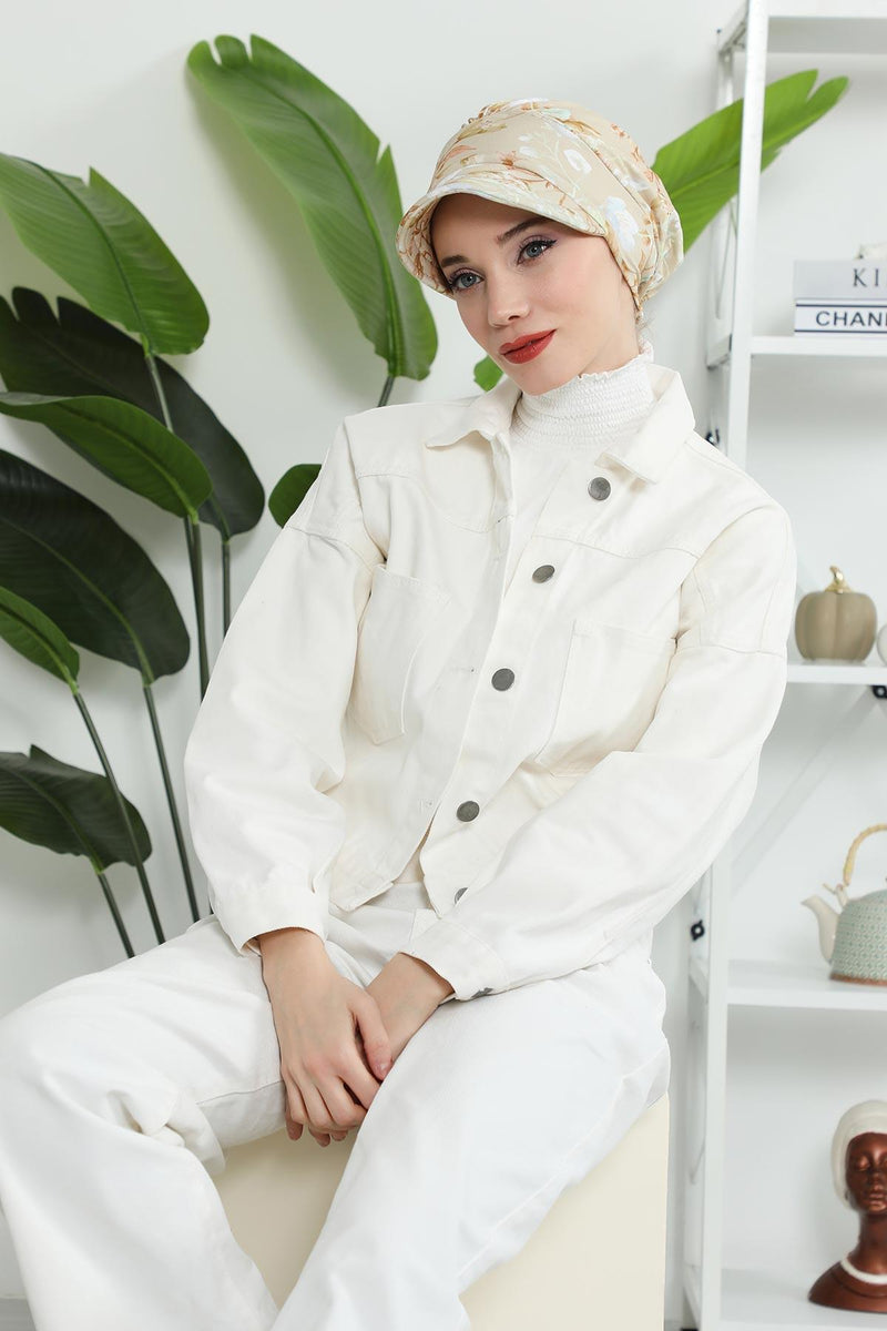 Printed Cotton Visor Women Turban Hat, Sun Protective Newsboy Hat for Women, 95% Cotton Plain Casual Hijab Bonnet Chemo Cap,B-73YD