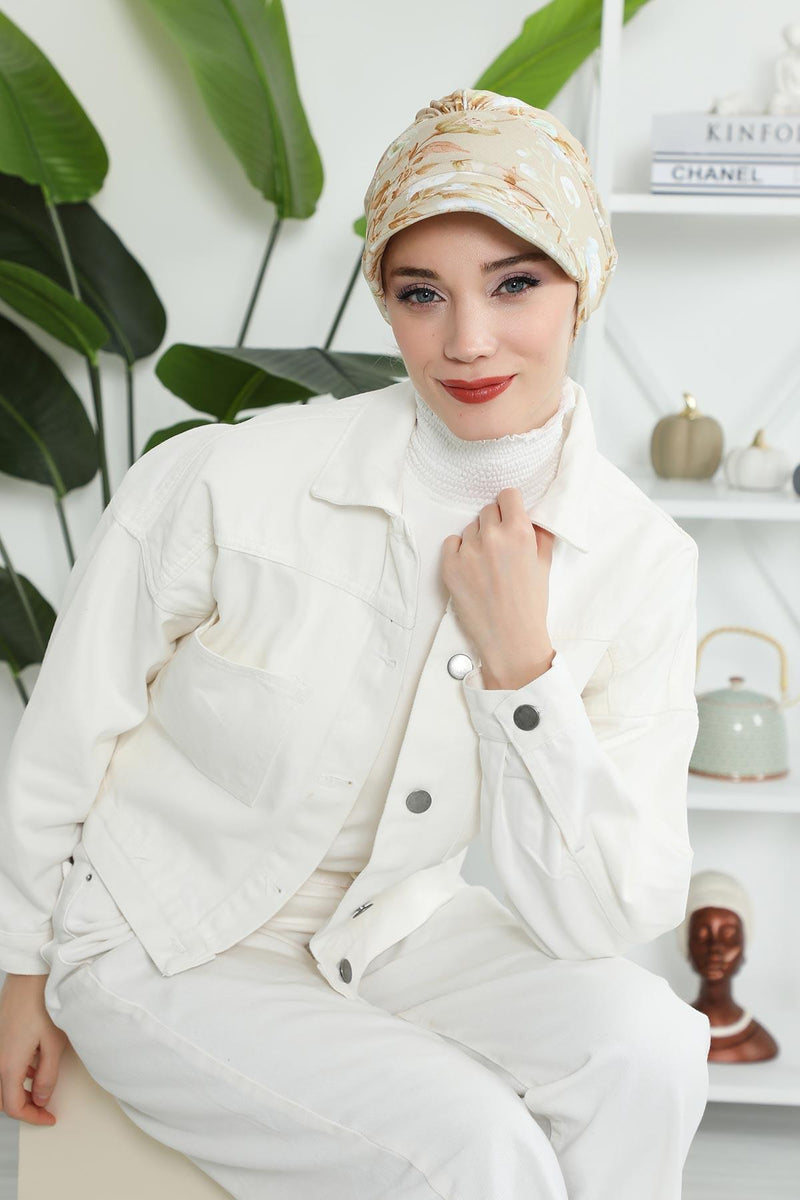 Printed Cotton Visor Women Turban Hat, Sun Protective Newsboy Hat for Women, 95% Cotton Plain Casual Hijab Bonnet Chemo Cap,B-73YD