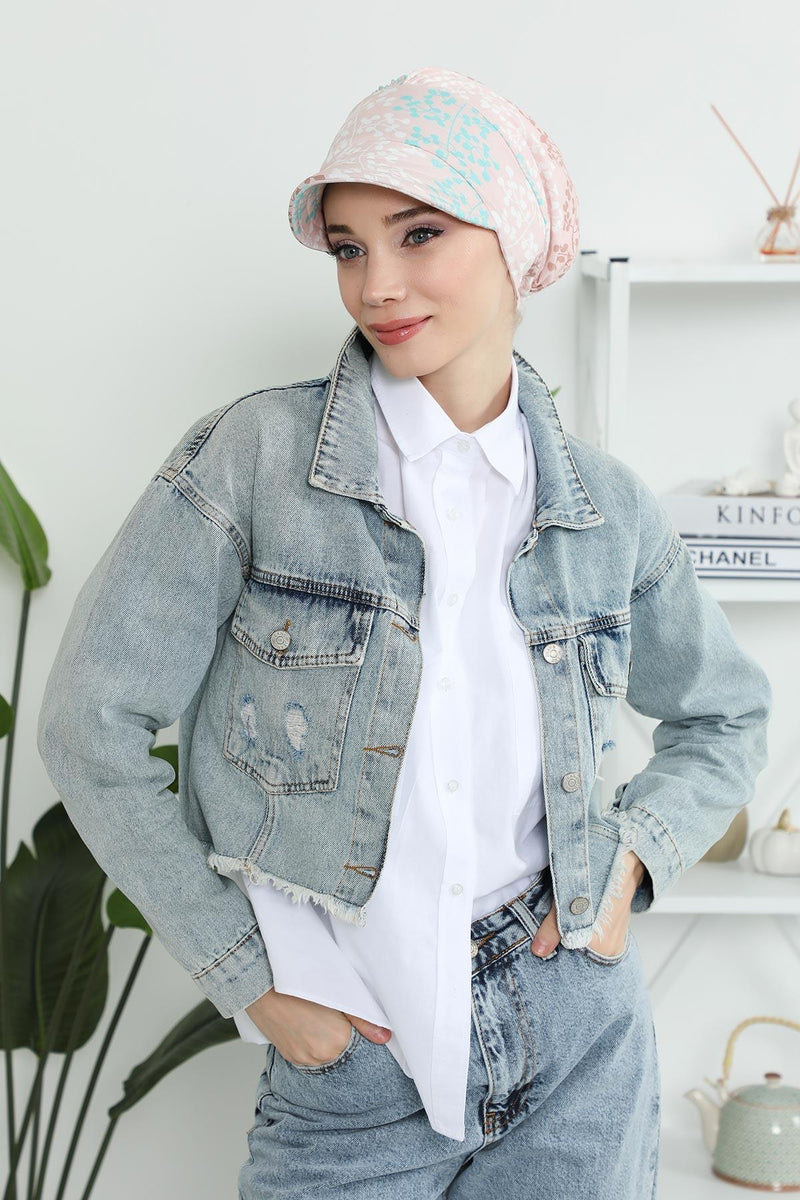 Printed Cotton Visor Women Turban Hat, Sun Protective Newsboy Hat for Women, 95% Cotton Plain Casual Hijab Bonnet Chemo Cap,B-73YD