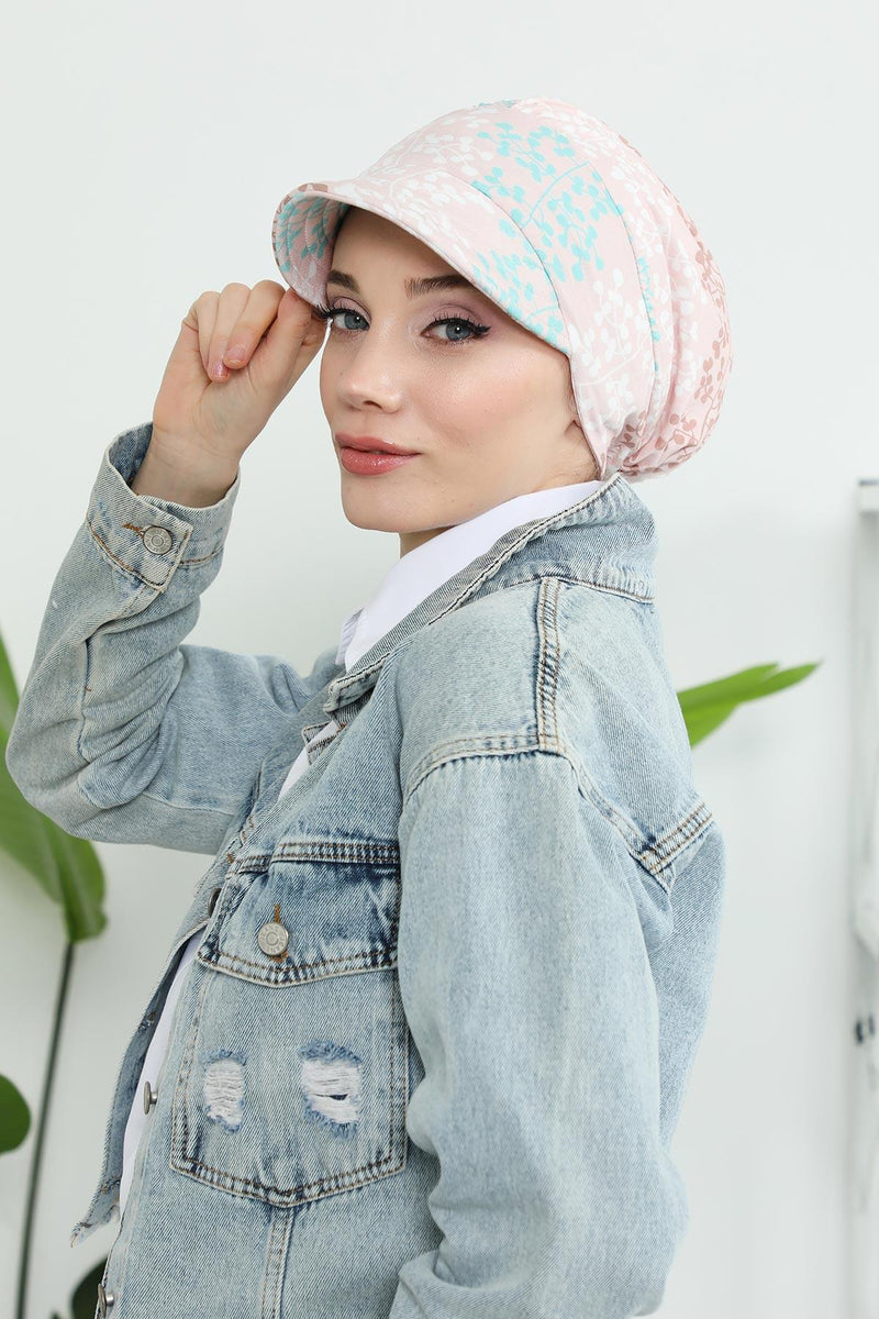 Printed Cotton Visor Women Turban Hat, Sun Protective Newsboy Hat for Women, 95% Cotton Plain Casual Hijab Bonnet Chemo Cap,B-73YD