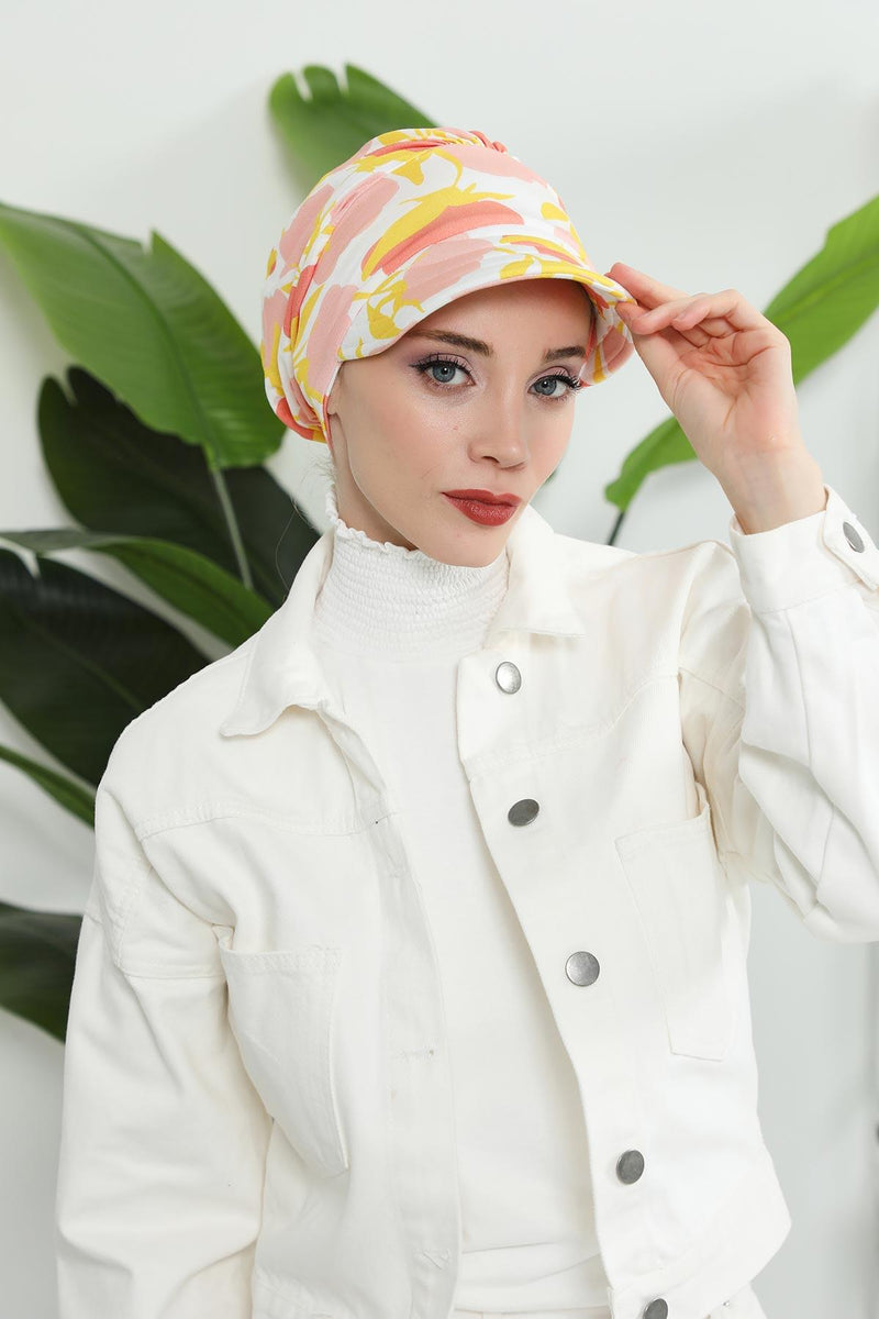 Printed Cotton Visor Women Turban Hat, Sun Protective Newsboy Hat for Women, 95% Cotton Plain Casual Hijab Bonnet Chemo Cap,B-73YD