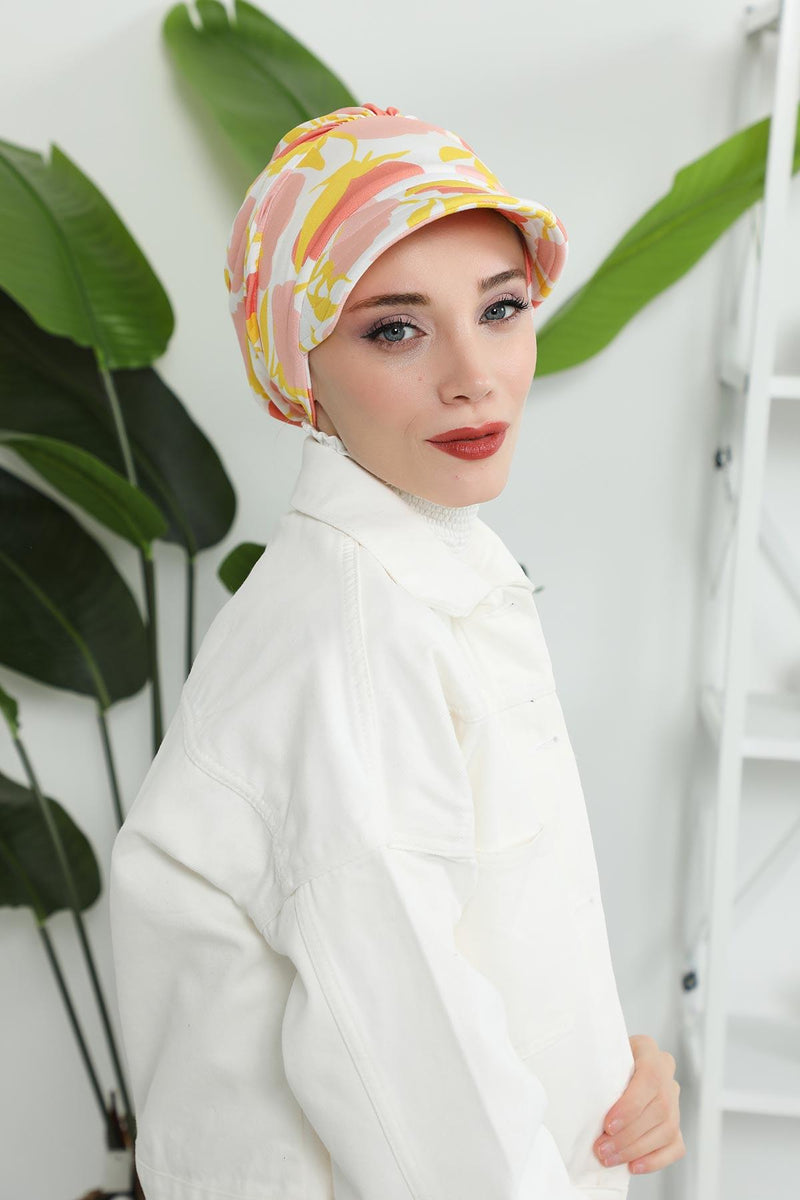 Printed Cotton Visor Women Turban Hat, Sun Protective Newsboy Hat for Women, 95% Cotton Plain Casual Hijab Bonnet Chemo Cap,B-73YD