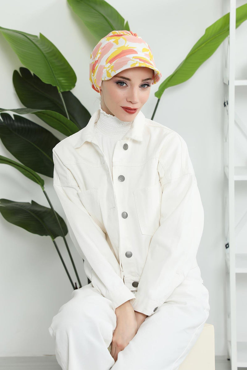 Printed Cotton Visor Women Turban Hat, Sun Protective Newsboy Hat for Women, 95% Cotton Plain Casual Hijab Bonnet Chemo Cap,B-73YD