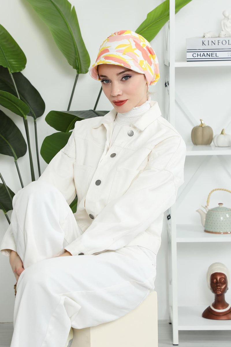 Printed Cotton Visor Women Turban Hat, Sun Protective Newsboy Hat for Women, 95% Cotton Plain Casual Hijab Bonnet Chemo Cap,B-73YD