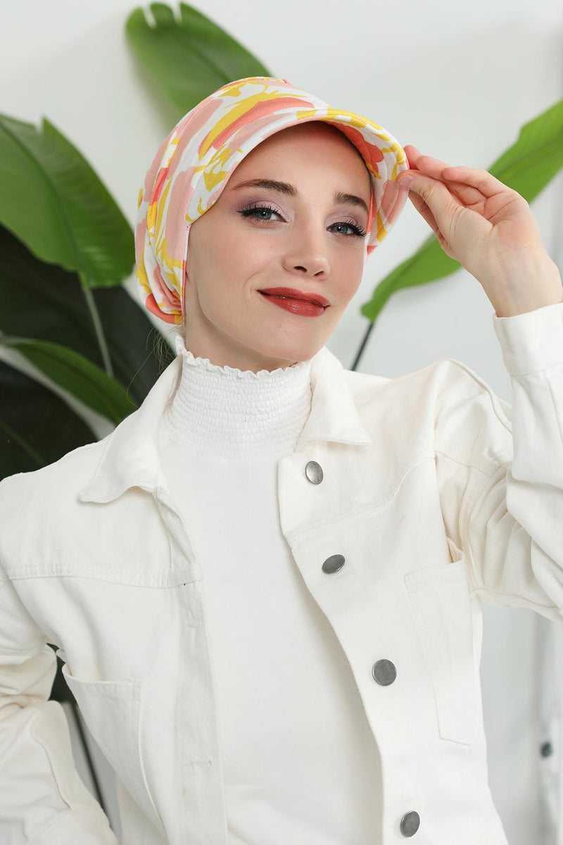 Printed Cotton Visor Women Turban Hat, Sun Protective Newsboy Hat for Women, 95% Cotton Plain Casual Hijab Bonnet Chemo Cap,B-73YD