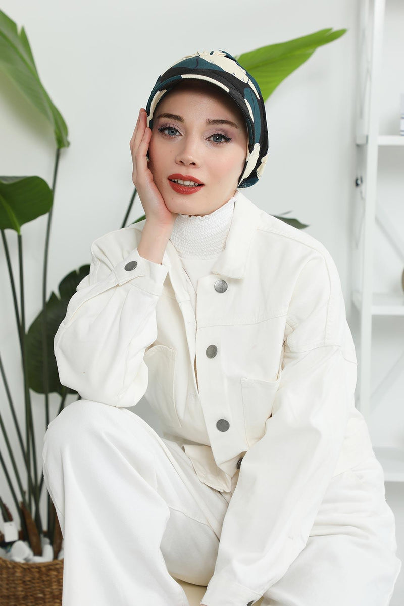 Printed Cotton Visor Women Turban Hat, Sun Protective Newsboy Hat for Women, 95% Cotton Plain Casual Hijab Bonnet Chemo Cap,B-73YD