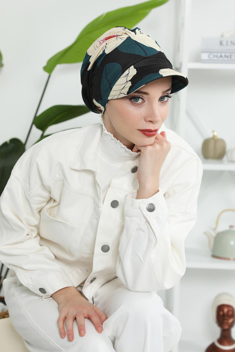 Printed Cotton Visor Women Turban Hat, Sun Protective Newsboy Hat for Women, 95% Cotton Plain Casual Hijab Bonnet Chemo Cap,B-73YD