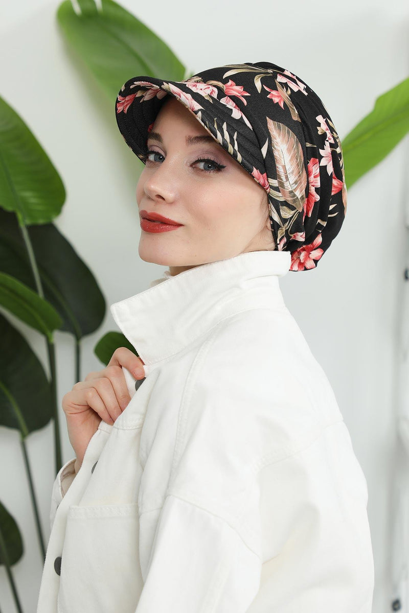 Printed Cotton Visor Women Turban Hat, Sun Protective Newsboy Hat for Women, 95% Cotton Plain Casual Hijab Bonnet Chemo Cap,B-73YD
