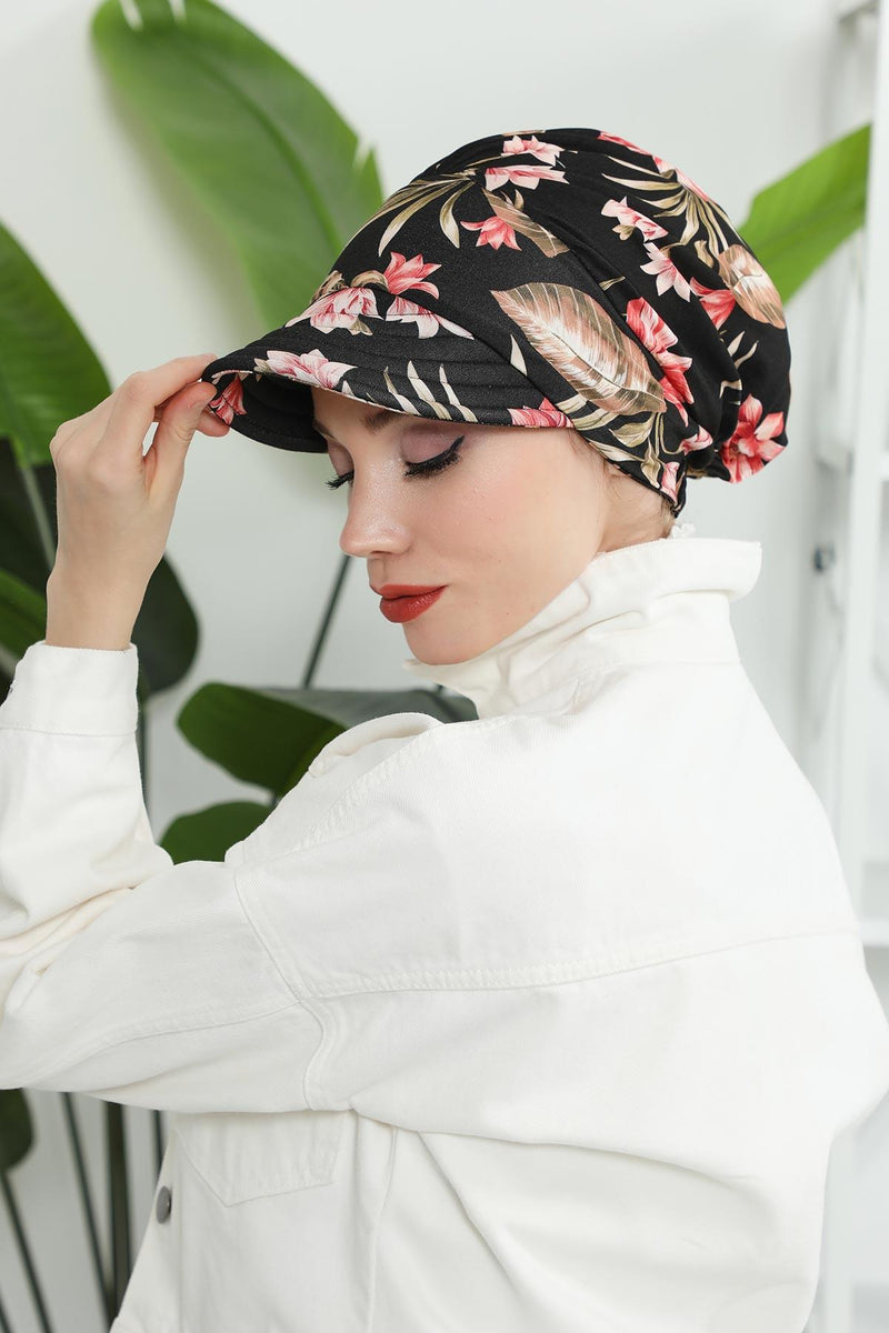 Printed Cotton Visor Women Turban Hat, Sun Protective Newsboy Hat for Women, 95% Cotton Plain Casual Hijab Bonnet Chemo Cap,B-73YD