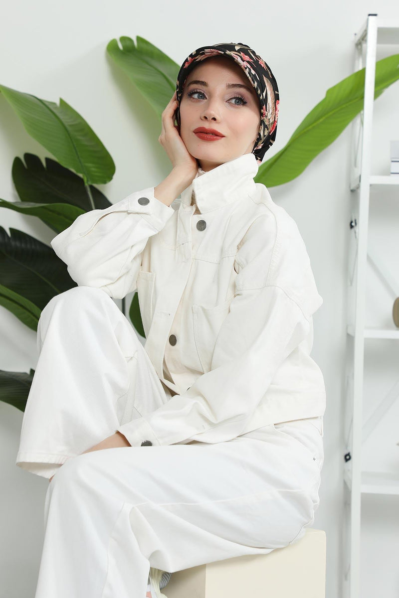 Printed Cotton Visor Women Turban Hat, Sun Protective Newsboy Hat for Women, 95% Cotton Plain Casual Hijab Bonnet Chemo Cap,B-73YD