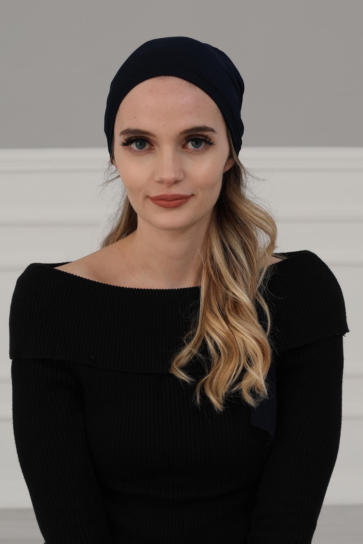 Simple Pre-Tied Turban Bonnet for Women, Easy Wear Chemo Headwear for Cancer Patients, Soft and Breathable Cotton Headwrap,B-47 Navy Blue