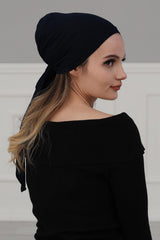 Simple Pre-Tied Turban Bonnet for Women, Easy Wear Chemo Headwear for Cancer Patients, Soft and Breathable Cotton Headwrap,B-47 Navy Blue