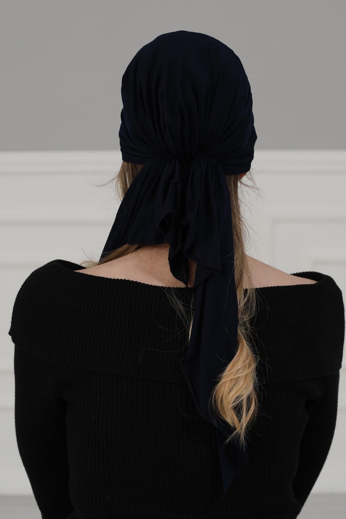 Simple Pre-Tied Turban Bonnet for Women, Easy Wear Chemo Headwear for Cancer Patients, Soft and Breathable Cotton Headwrap,B-47 Navy Blue