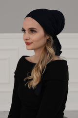 Simple Pre-Tied Turban Bonnet for Women, Easy Wear Chemo Headwear for Cancer Patients, Soft and Breathable Cotton Headwrap,B-47 Navy Blue