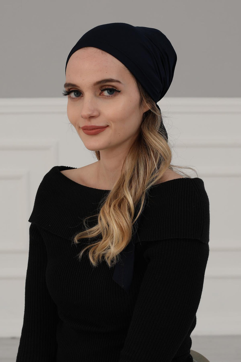 Simple Pre-Tied Turban Bonnet for Women, Easy Wear Chemo Headwear for Cancer Patients, Soft and Breathable Cotton Headwrap,B-47 Navy Blue