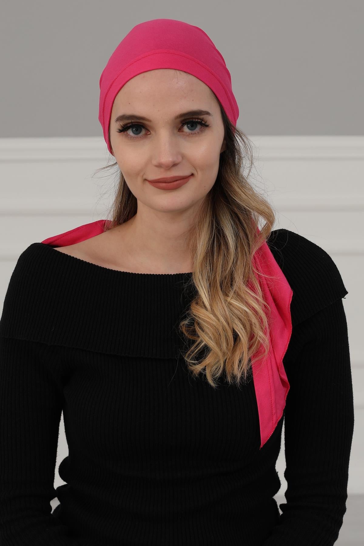 Simple Pre-Tied Turban Bonnet for Women, Easy Wear Chemo Headwear for Cancer Patients, Soft and Breathable Cotton Headwrap,B-47 Fuchsia