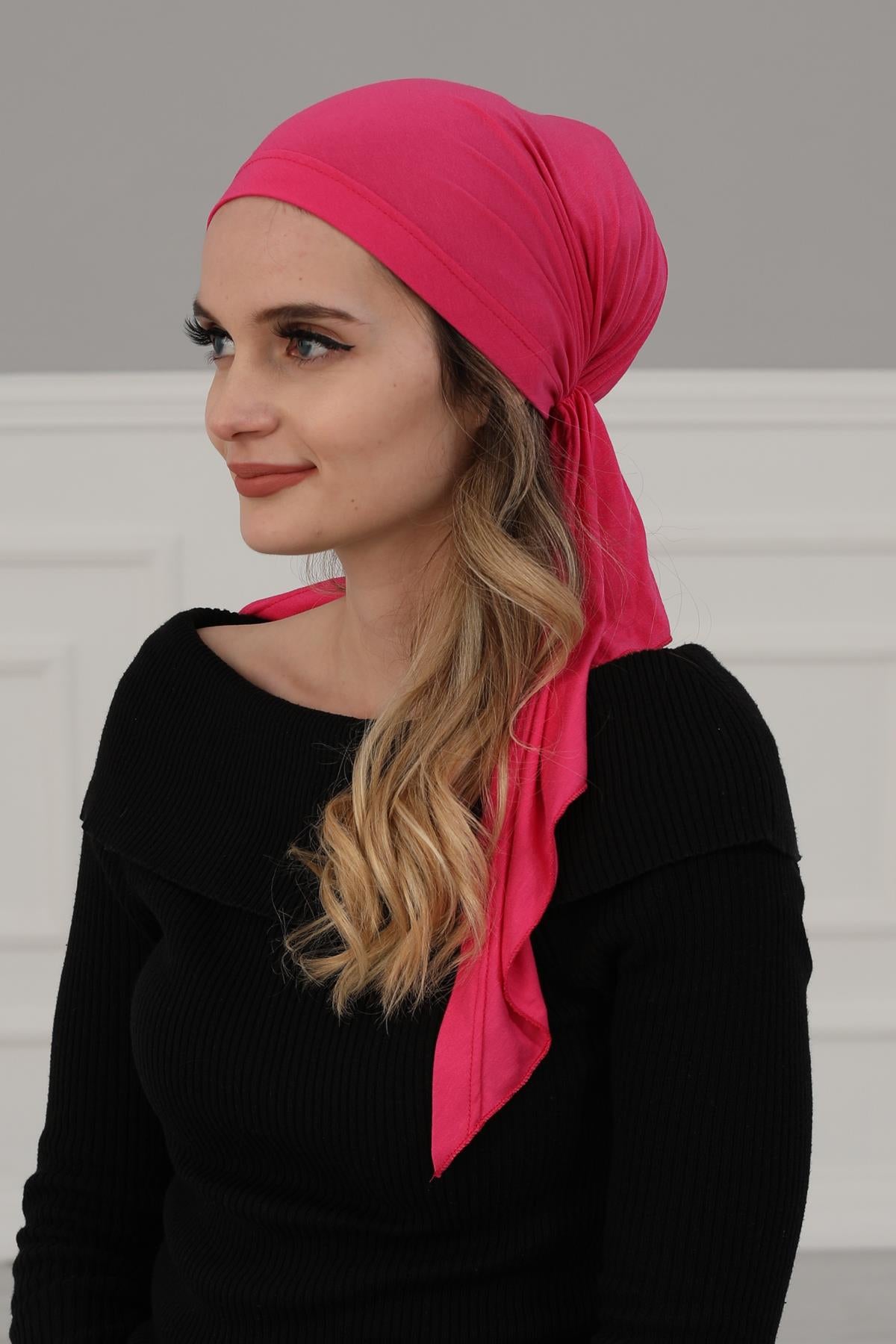 Simple Pre-Tied Turban Bonnet for Women, Easy Wear Chemo Headwear for Cancer Patients, Soft and Breathable Cotton Headwrap,B-47 Fuchsia