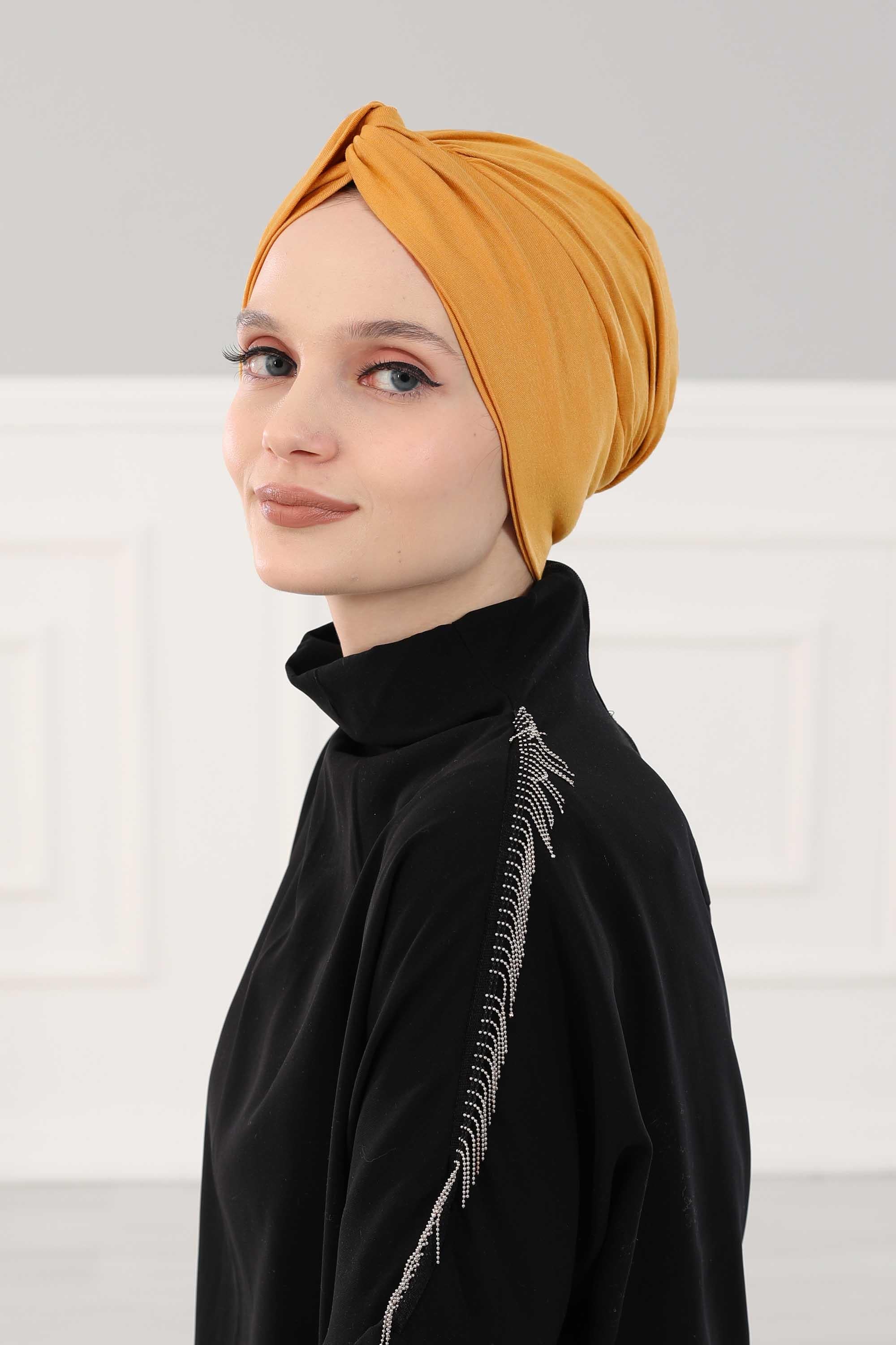 Simple Pre-Tied Turban Bonnet for Women, Easy Wear Chemo Headwear for Cancer Patients, Soft and Breathable Cotton Headwrap,B-47 Mustard Yellow