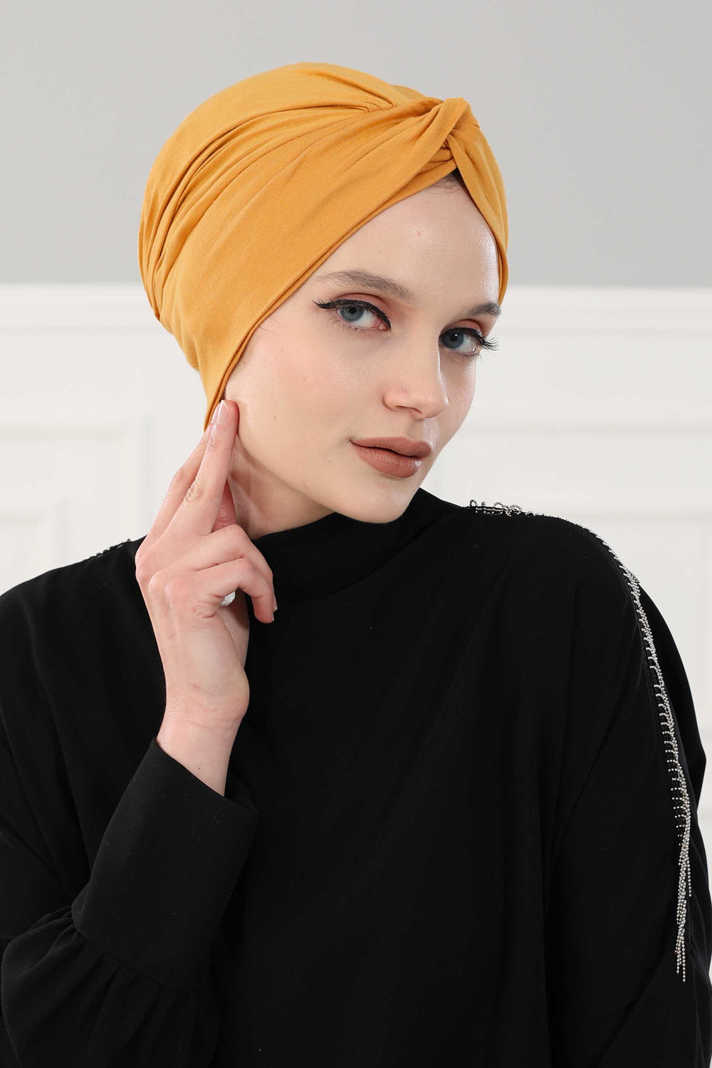 Simple Pre-Tied Turban Bonnet for Women, Easy Wear Chemo Headwear for Cancer Patients, Soft and Breathable Cotton Headwrap,B-47 Mustard Yellow