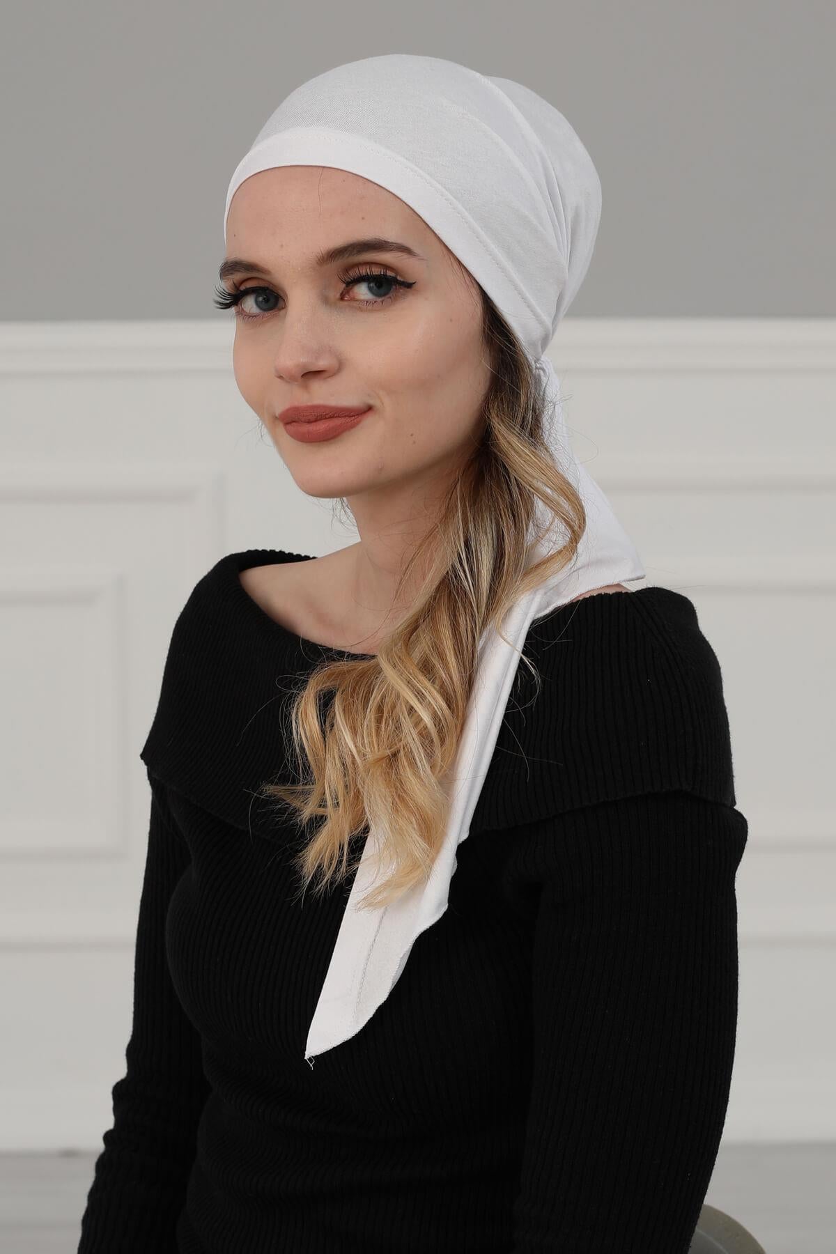 Simple Pre-Tied Turban Bonnet for Women, Easy Wear Chemo Headwear for Cancer Patients, Soft and Breathable Cotton Headwrap,B-47 White