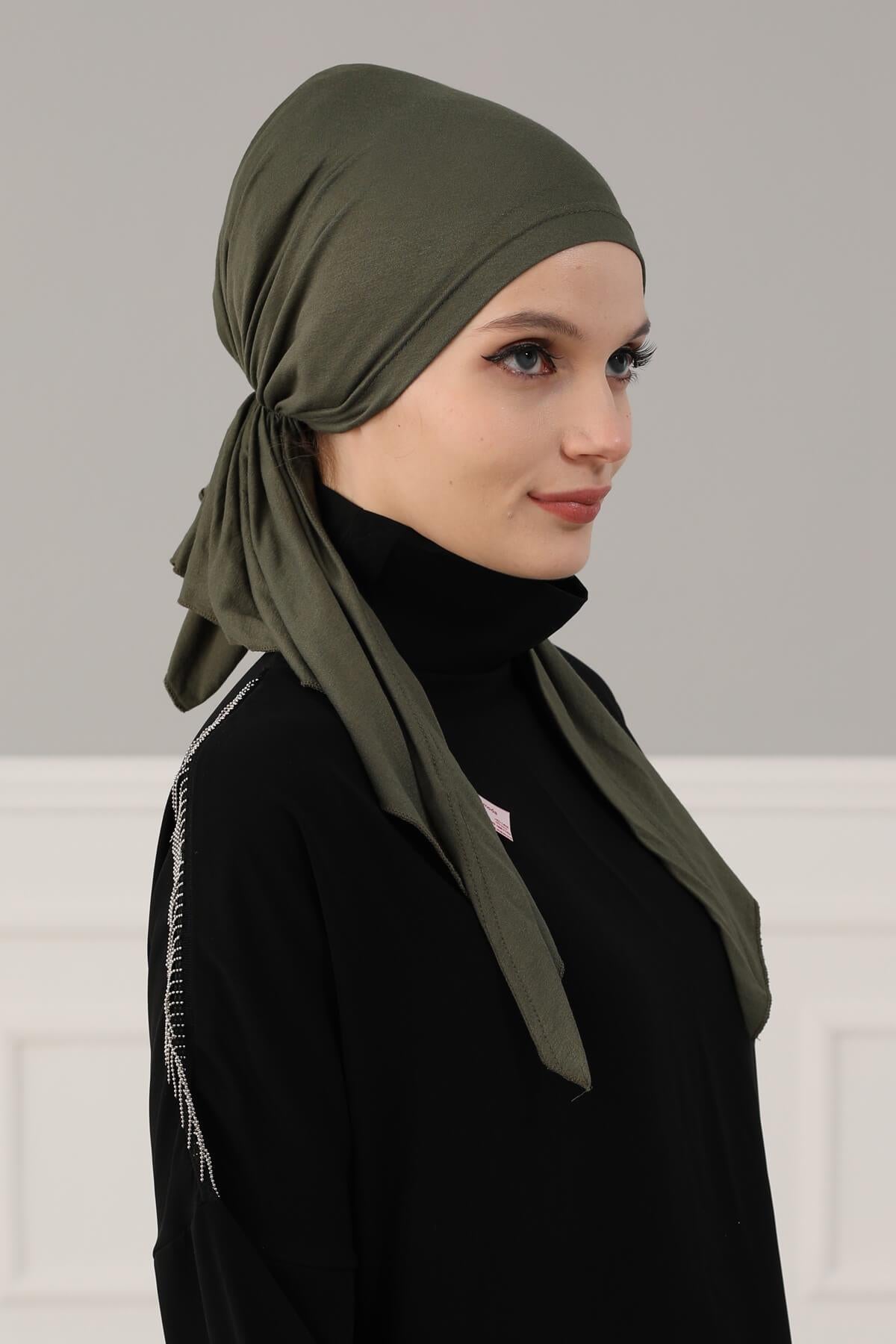 Simple Pre-Tied Turban Bonnet for Women, Easy Wear Chemo Headwear for Cancer Patients, Soft and Breathable Cotton Headwrap,B-47 Army Green