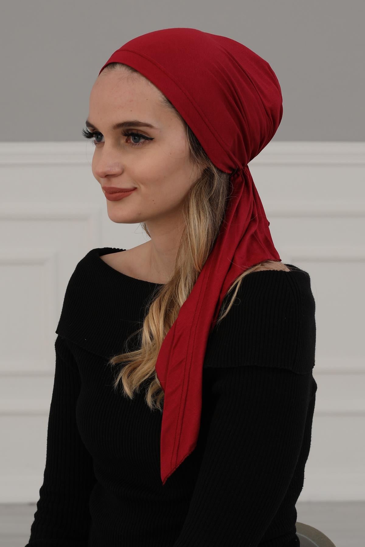 Simple Pre-Tied Turban Bonnet for Women, Easy Wear Chemo Headwear for Cancer Patients, Soft and Breathable Cotton Headwrap,B-47 Maroon
