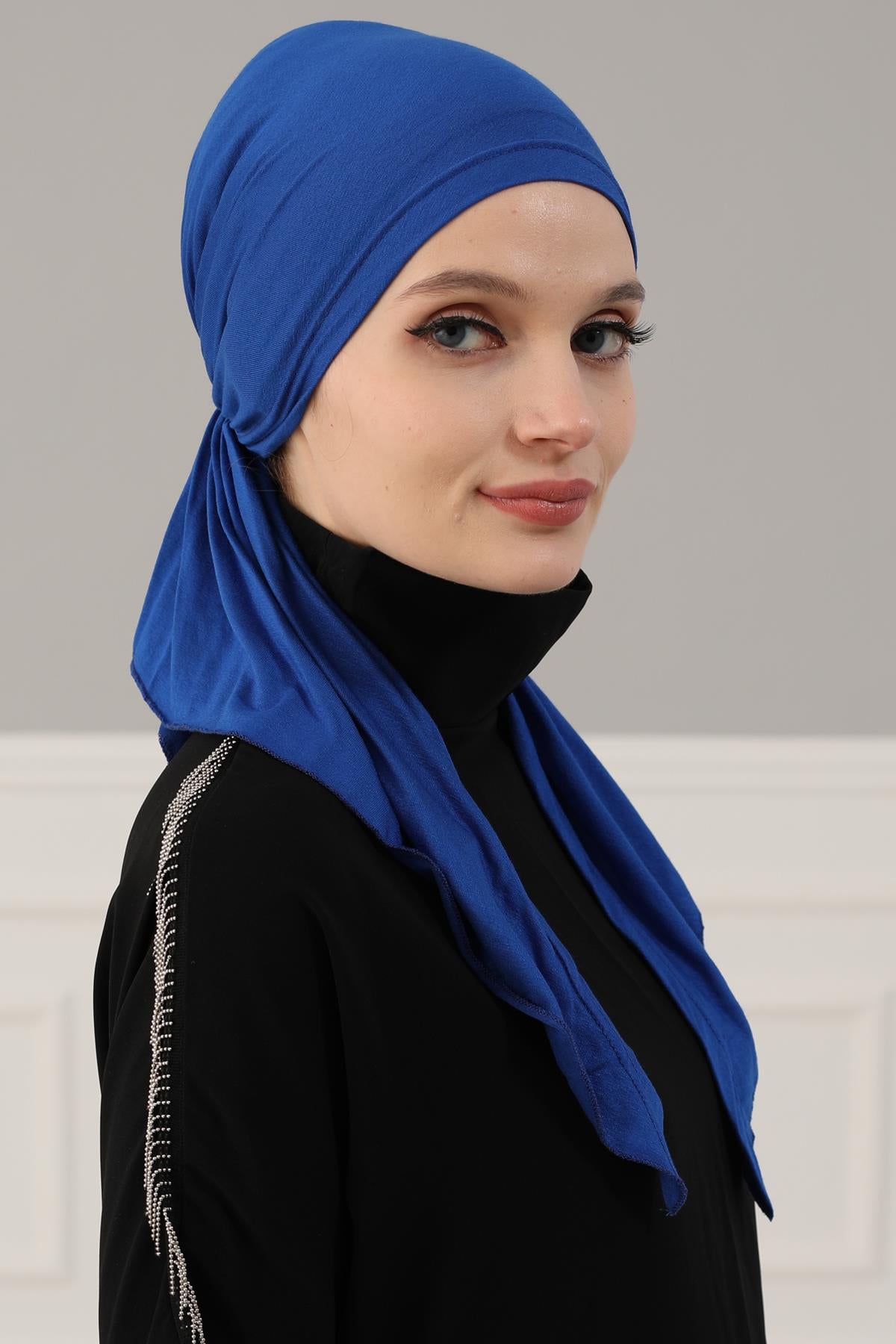 Simple Pre-Tied Turban Bonnet for Women, Easy Wear Chemo Headwear for Cancer Patients, Soft and Breathable Cotton Headwrap,B-47 Sax Blue