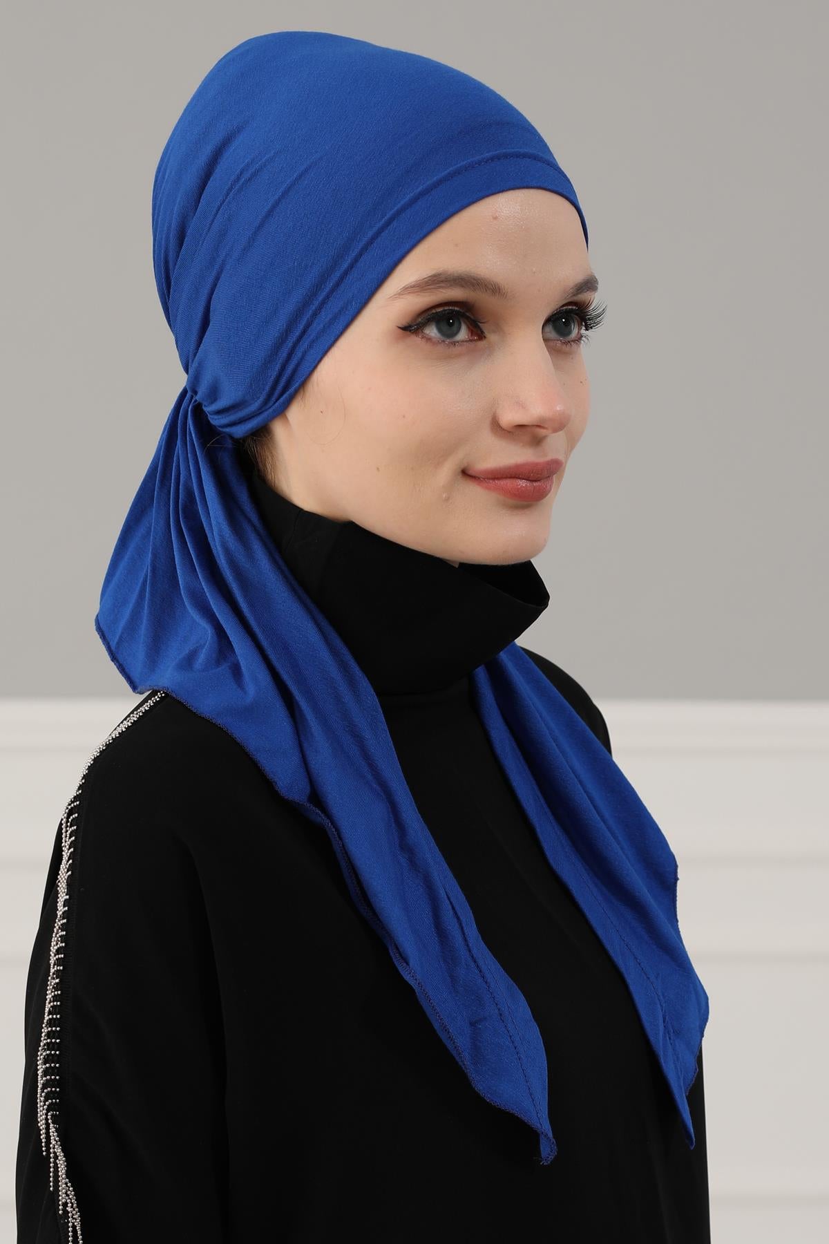Simple Pre-Tied Turban Bonnet for Women, Easy Wear Chemo Headwear for Cancer Patients, Soft and Breathable Cotton Headwrap,B-47 Sax Blue